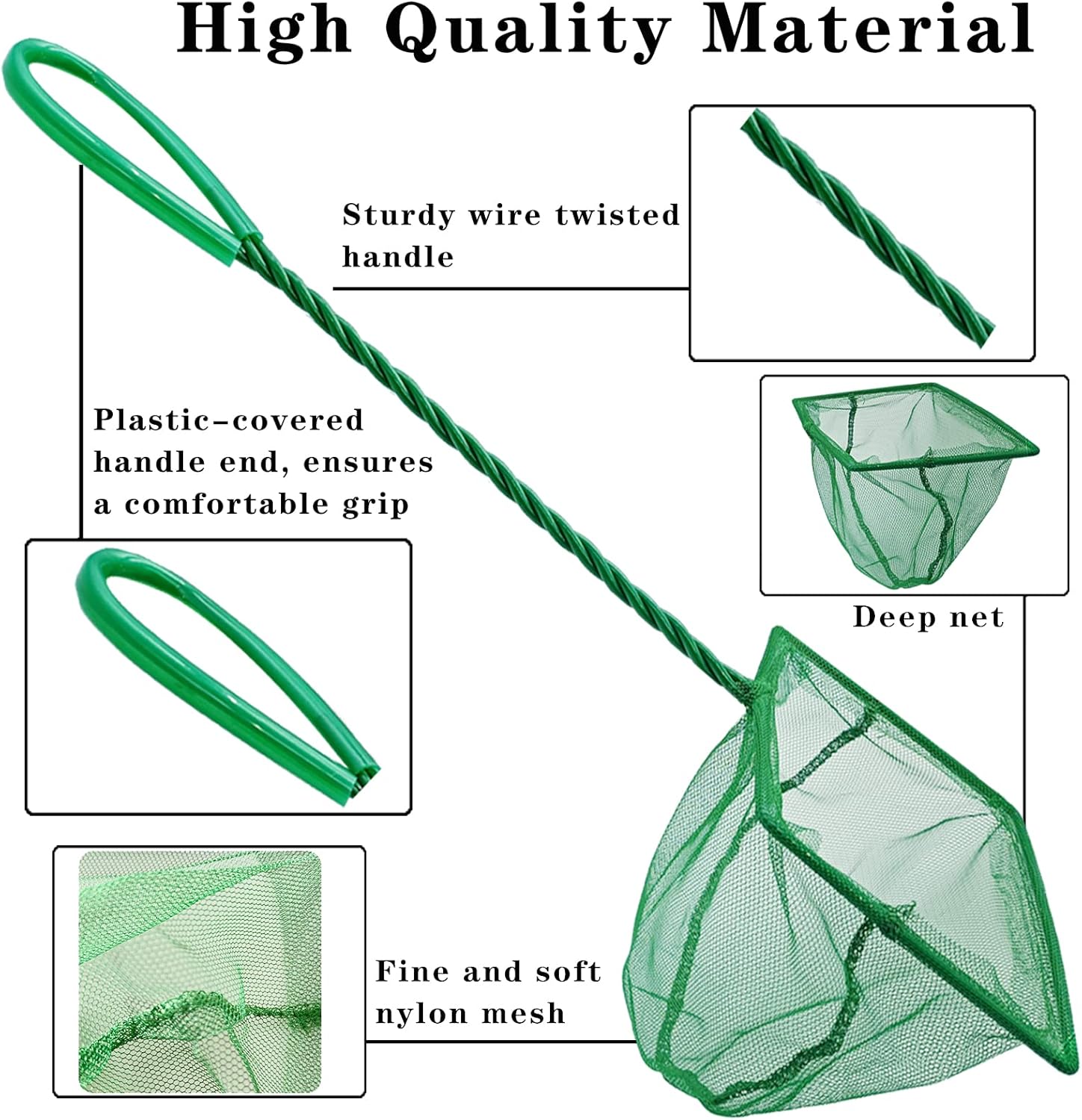 5 Pack Aquarium Fish Net, Multi-Size Fine Quick Fish Catch Nets Nylon Fishing Mesh Nets with Long Plastic Handle for Fish Tank - Green (3in, 4in, 5in, 6in, 6in) - Image 3